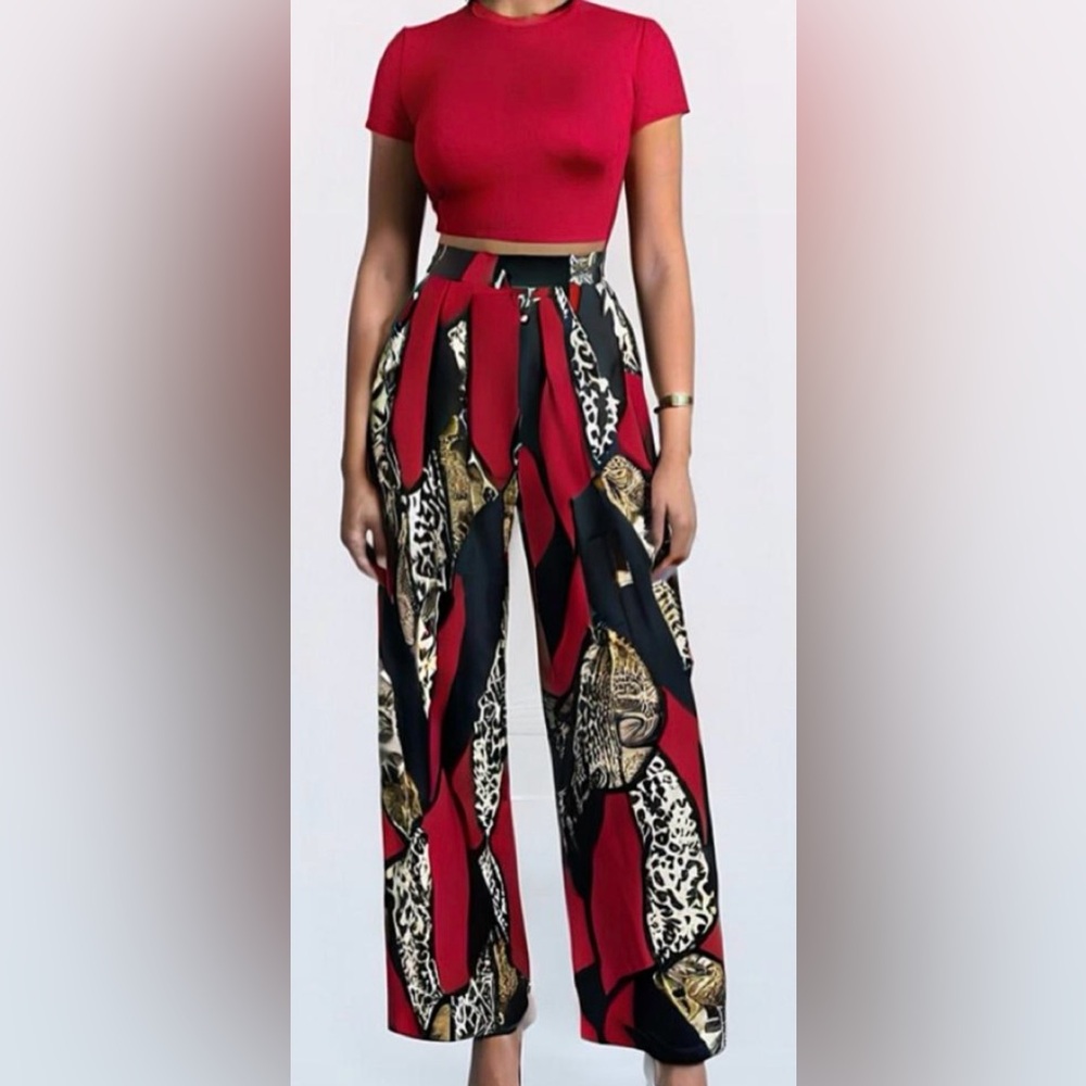 Red crop top with high-waist wide-leg printed pants in red & black